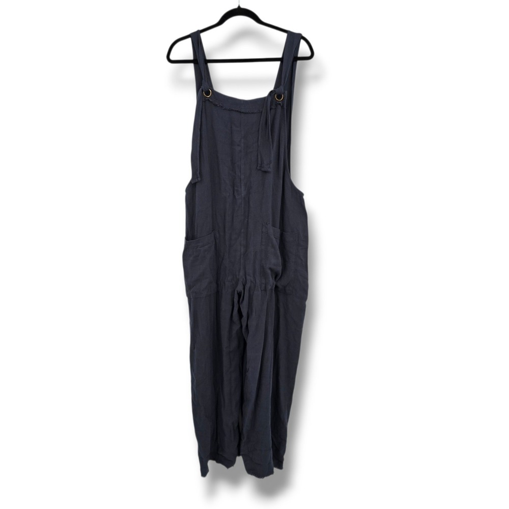 Natural Life Navy Blue Linen Blend Boho Raw Edge Wide Leg Overalls Size Large